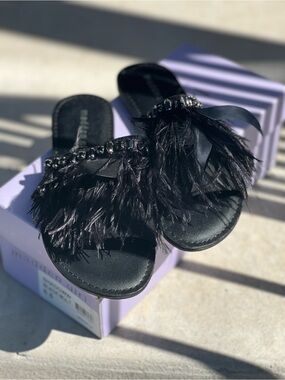 Madden Girl Black Feather Slide Sandals with Bead Trim